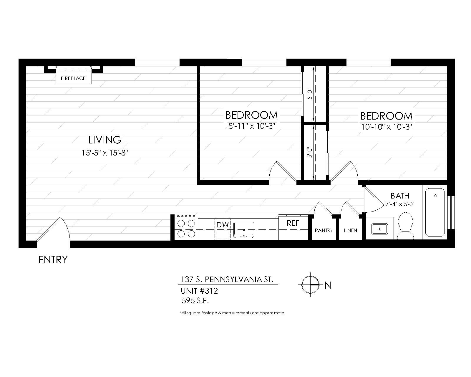 Floor plan for 2 beds, 1 bath, 595 sqft